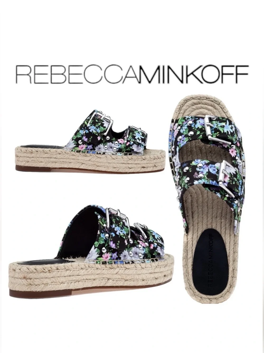 Rebecca Minkoff Jodi Espadrille Sandal Black Flower Print Size 7.5 NEW with Box